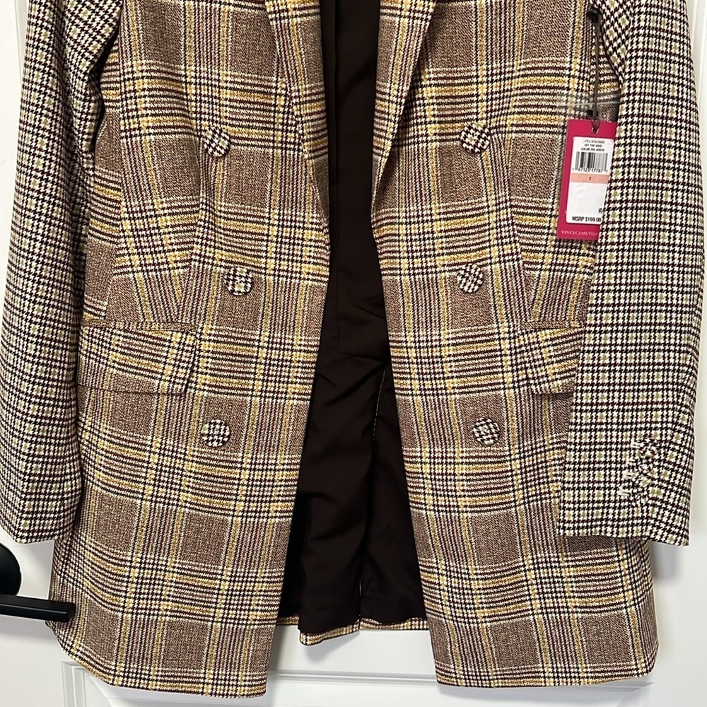 NWT Vince Camuto Women’s Long Double Breasted Blazer Brown Plaid size 2 - Picture 5 of 9